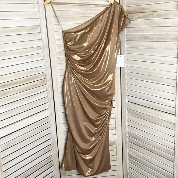 Rene Ruiz Metallic Gold One Shoulder Ruched Midi Cocktail Dress 4 NWT - Picture 4 of 10